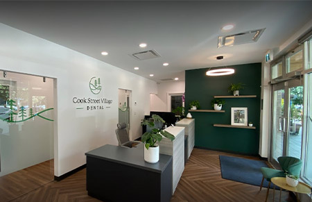 front desk reception area of Cook Street Village Dental